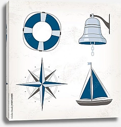 Постер Морские элементы: лодка, колокольчик, спасательный круг, компас