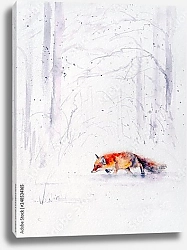 Постер Красная лиса беж в белом лесу