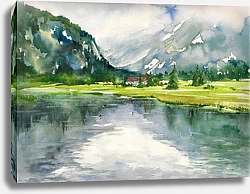 Постер Летний пейзаж с горным озером, акварель