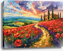 Постер Fields of flowers reflected in the sunset