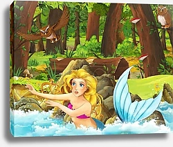 Постер cartoon scene with happy young mermaid girl in the forest encountering pair of owls flying - illustration for children