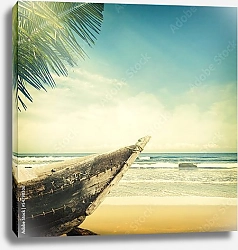 Постер Пляж с лодкой и пальмой
