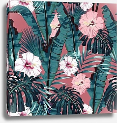 Постер Зеленые пальмовые листья и тропические розовые цветы