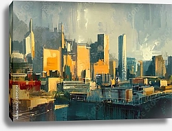 Постер Городские небоскрёбы в лучах заходящего солнца
