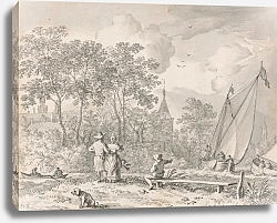 Постер Эвердинген Алларт Landscape with Elegant Figures by a River, with Boats to the Right and a Town Behind Trees Beyond