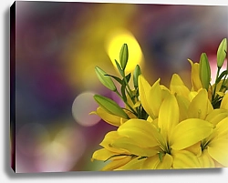 Постер Жёлтые лилии на фиолетовом размытом фоне