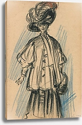 Постер Мигем Юджин Ван Staande vrouw met grote hoed waarop een pluim steekt.