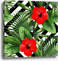 Постер Тропические цветы и листья на геометрическом фоне