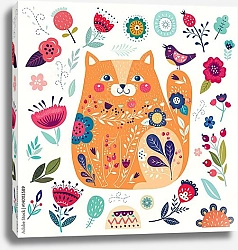 Постер Милая рыжая кошка с цветочными элементами