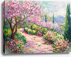 Постер Magnolia garden with the Alps view