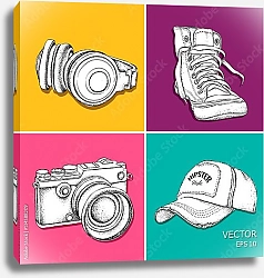 Постер Наушники, кепка, кроссовки и фотоаппарат