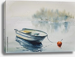 Постер Пейзаж с деревянной лодкой на реке, покрытой туманом