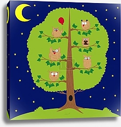 Постер owl sitting at night on the tree, funny owls