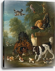 Постер Кастилс Питер Семейство Цыплят Отбивается От Спаниеля На Фоне Пейзажа