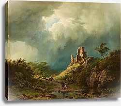 Постер Коеккок Баррен Путешественники проезжают мимо разрушенного замка на фоне грозового пейзажа