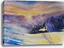 Постер Коттедж, покрытый снегом, и горы на закате
