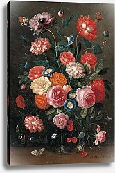 Постер Кессель Ян Roses, carnations, morning glory, a poppy and a sprig of cherries in a glass vase, a wall brown, an orange tip, a Red Admiral and a magpie butterfly on a table, 1676