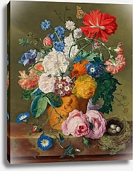 Постер Хейсум Ян Roses and other flowers in a terracotta vase with a bird’s nest on a marble ledge