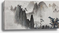 Постер Высокие горы, сосны и туман