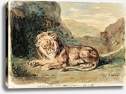 Постер Делакруа Эжен (Eugene Delacroix) Lying Lion In A Landscape