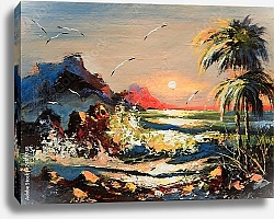 Постер Морской пейзаж с пальмами и чайками