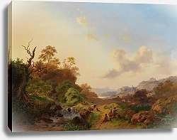 Постер Крузман Фредерик Summer landscape with figures and cattle near a waterfall