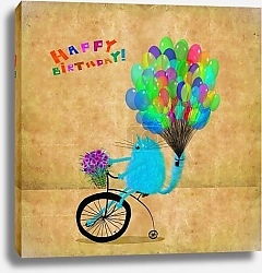 Постер Сикорский Андрей (совр) Birthday Card Cat With Balloons And Flowers Riding High Wheel