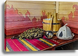 Постер Traditional Russian bath equipment on the wooden bench. Wooden b