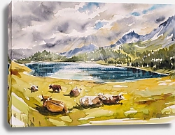 Постер Идиллический альпийский пейзаж с коровами, пасущимися на лугу