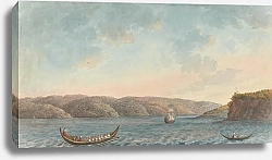 Постер Ривли Уилли Две весельные лодки и парусник у крутого обрыва, Холмистый пейзаж, видимый с моря