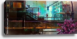 Постер Город будущего города с человеком на мосту