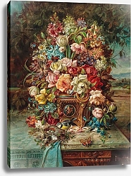 Постер Зацка Ганс Reiches Blumenstillleben mit Blaumeise vor einer weiten Landschaft