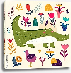 Постер Милый крокодил среди цветов и птиц