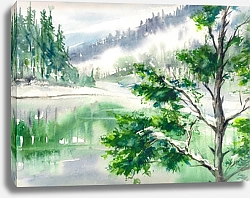 Постер Зимний пейзаж с видом на озеро и горы, отражающиеся в воде 1