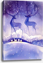 Постер Олени в ночном зимнем небе