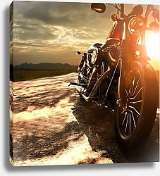 Постер old retro motorcycle traveling on country road against beautiful