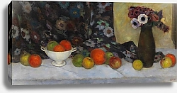 Постер Орлик Эмиль Früchtestillleben mit geblümtem Stoff und Vase