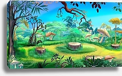 Постер Mushrooms and stumps in the forest meadow on a sunny summer day. Digital Painting Background, Illustration.
