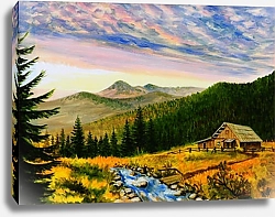 Постер Деревенский дом на закате в горах