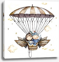 Постер prince and princess, mystical story, balloons, outdoor activities, castle, rainbow, sunny day vintage style watercolor, pastel color watercolor set