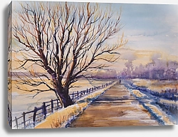 Постер Зимний пейзаж с деревом у дороги, акварель