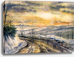 Постер Зимний пейзаж с дорогой в горах