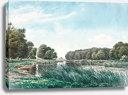 Постер Сковгаард П. С. Trærigt landskab med en sø og tre børn der står og fisker