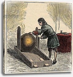 Постер Школа: Французская Otto von Guericke, German physicist, operating the first static electricity generator - Static machines: Otto von Guericke using the machine invented in 1680 - Engraving in “” Sciences placed at the disposal of al