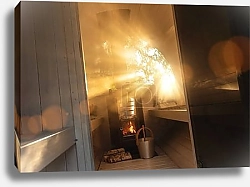 Постер Hot Finnish wodden barrel sauna with hot stones and steam with sunbeams at summer in Norway. Warm temperature bath therapy. Traditional summer cabin relaxation.