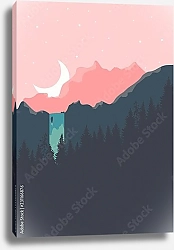Постер Пейзаж с водопадом, луной и горами