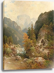 Постер Скелл Людвиг Hirten und Herde am Weg bei einem Wildbach