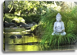 Постер Статуэтка будды на берегу ручья