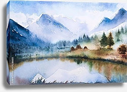 Постер Зимний акварельный пейзаж с озером в горах