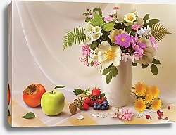 Постер Натюрморт с букетом цветов и фруктами на столе